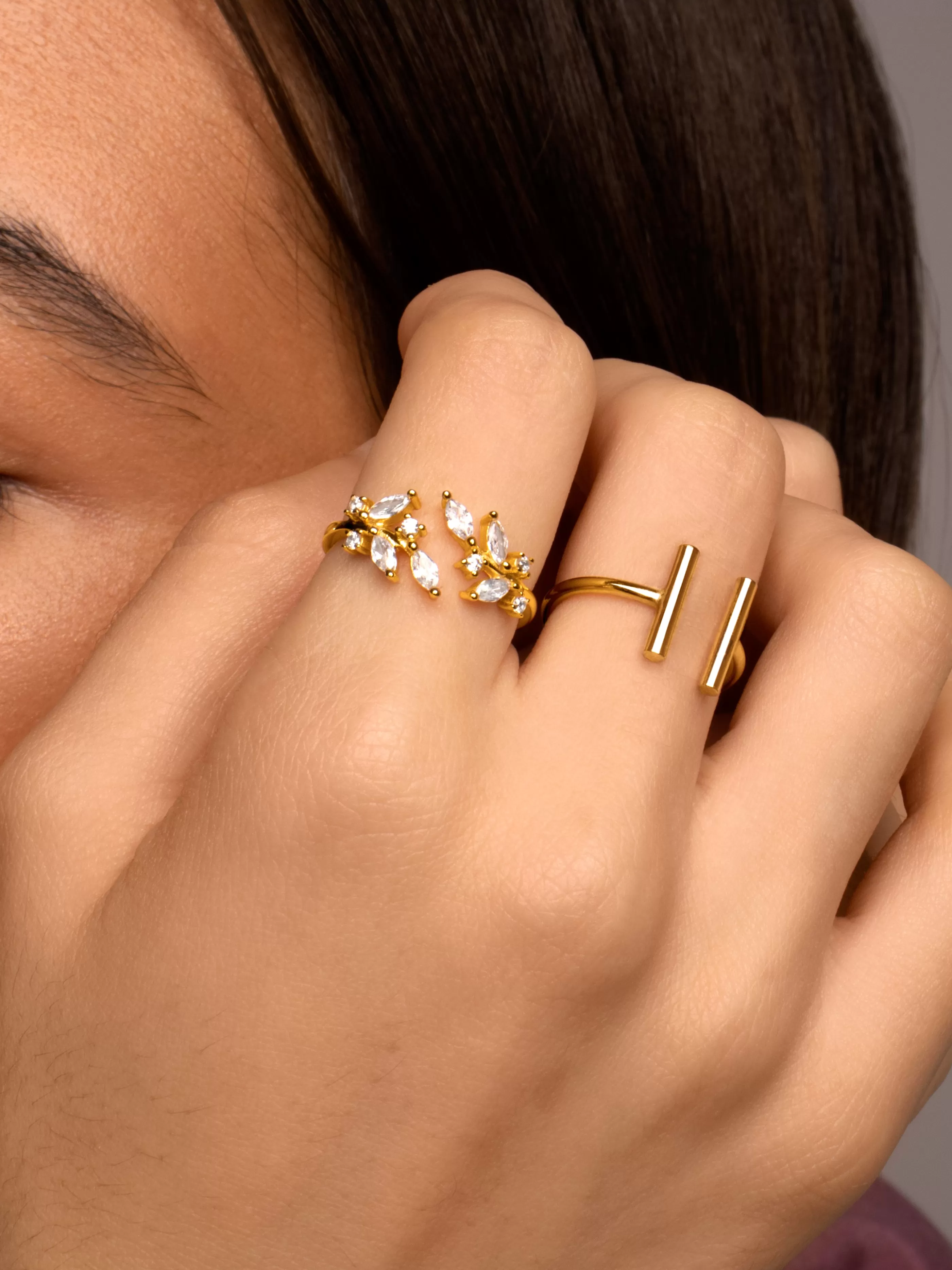 SINGULARU Anillo Buganvilla White Plata Bano Oro- Anillos Ajustables