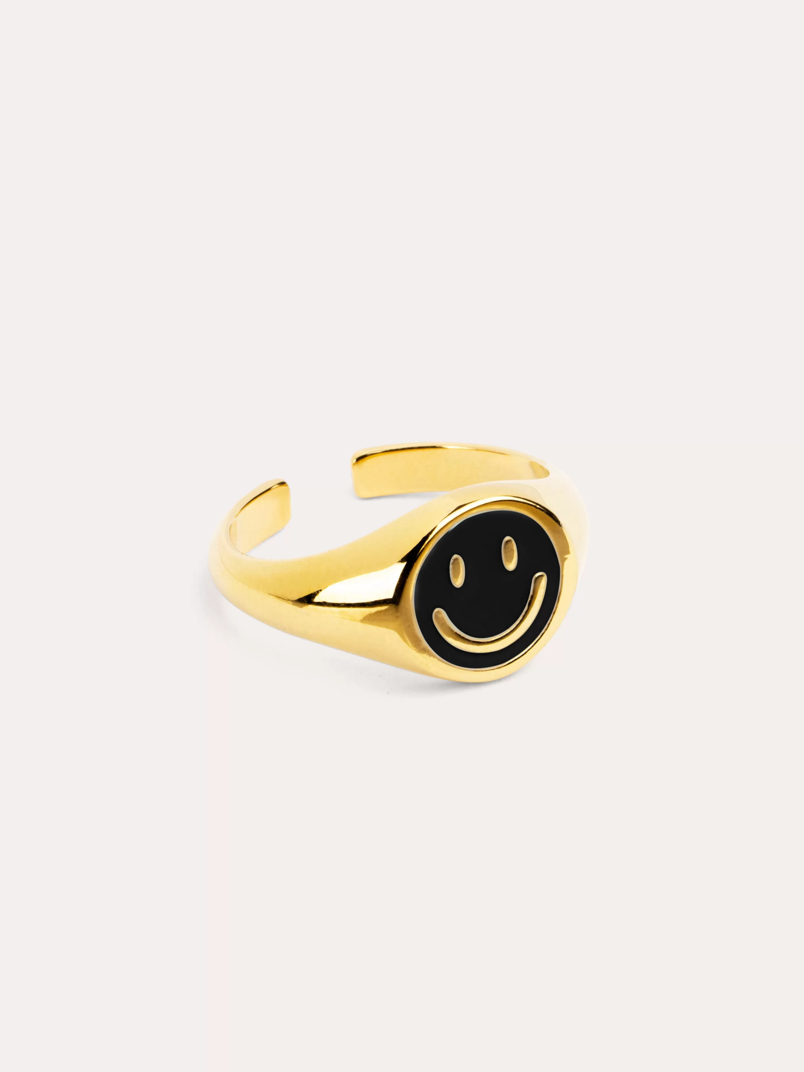 SINGULARU Anillo Smiley Black Enamel Bano Oro- Anillos Ajustables