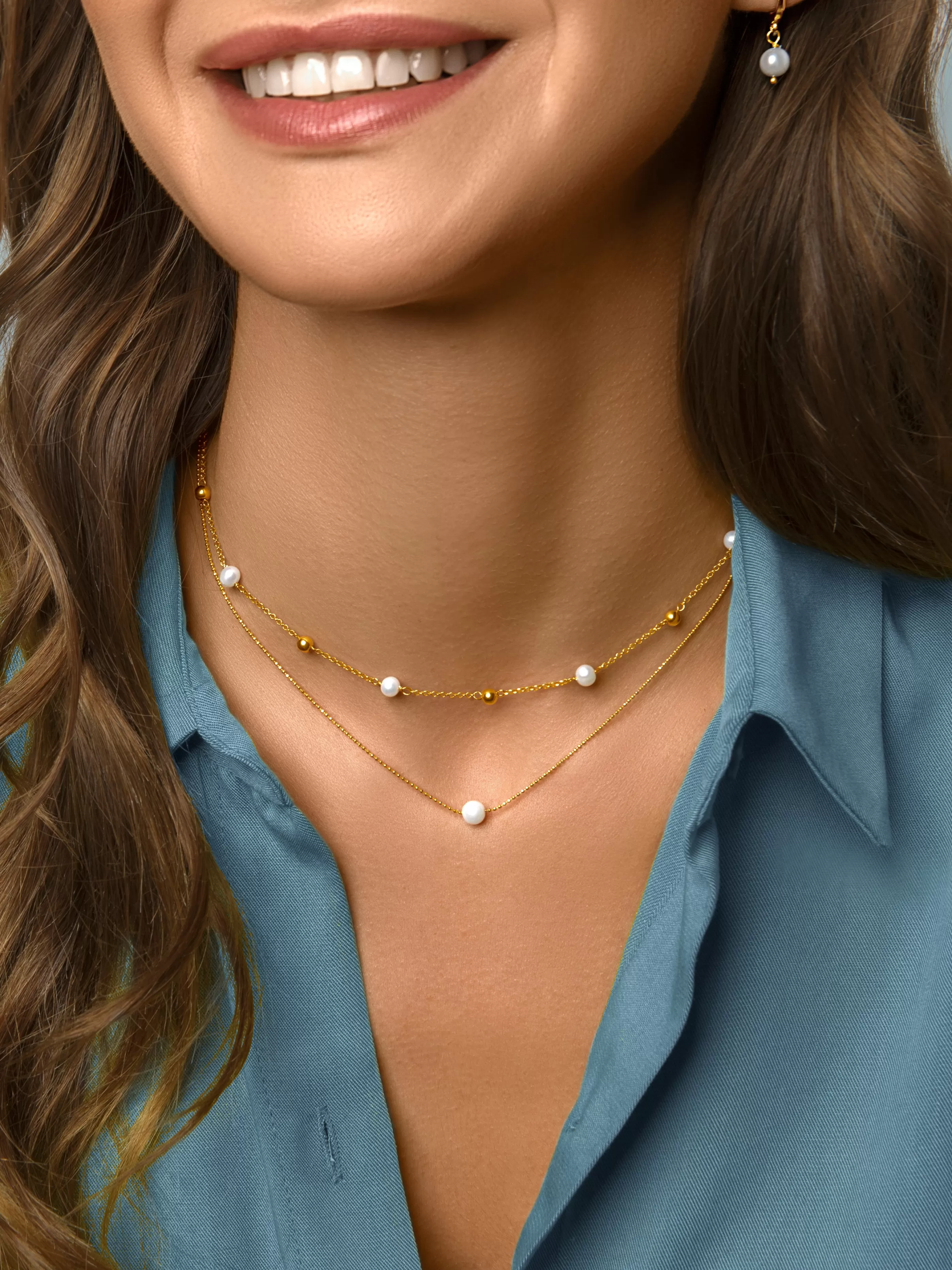 SINGULARU Collar Single Pearl Plata Bano Oro- Collares Con Perlas