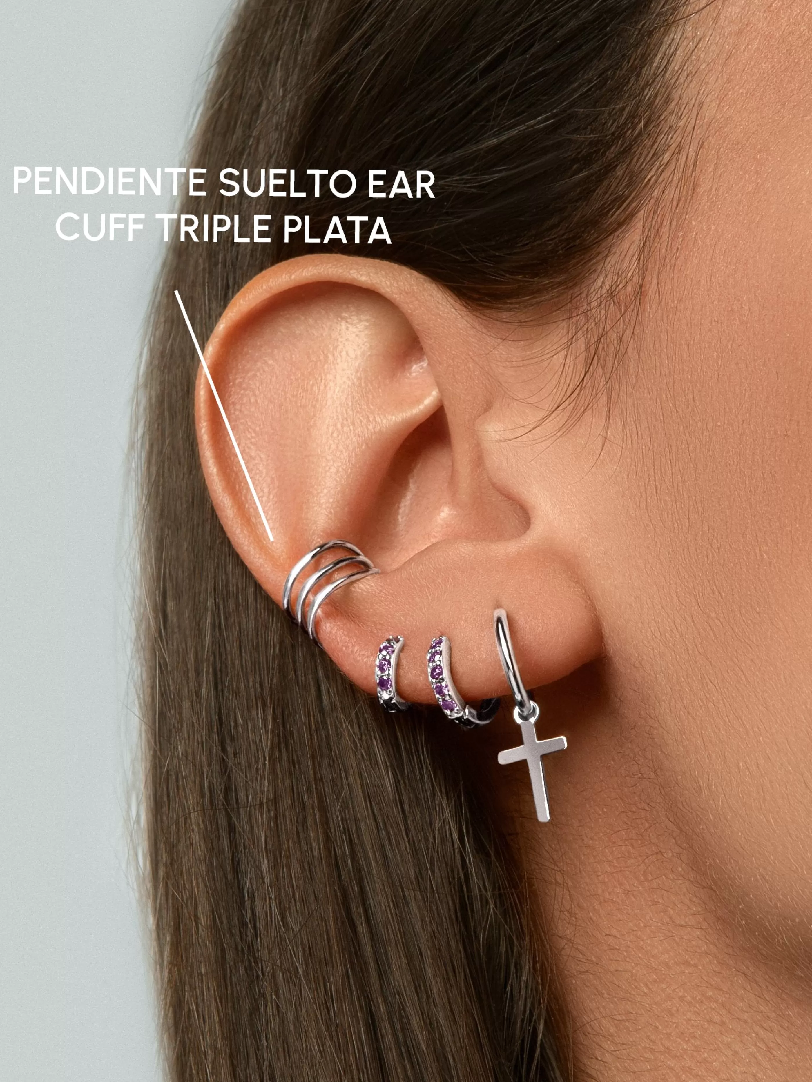 SINGULARU Pendiente Suelto Ear Cuff Triple Plata- Pendientes Sueltos