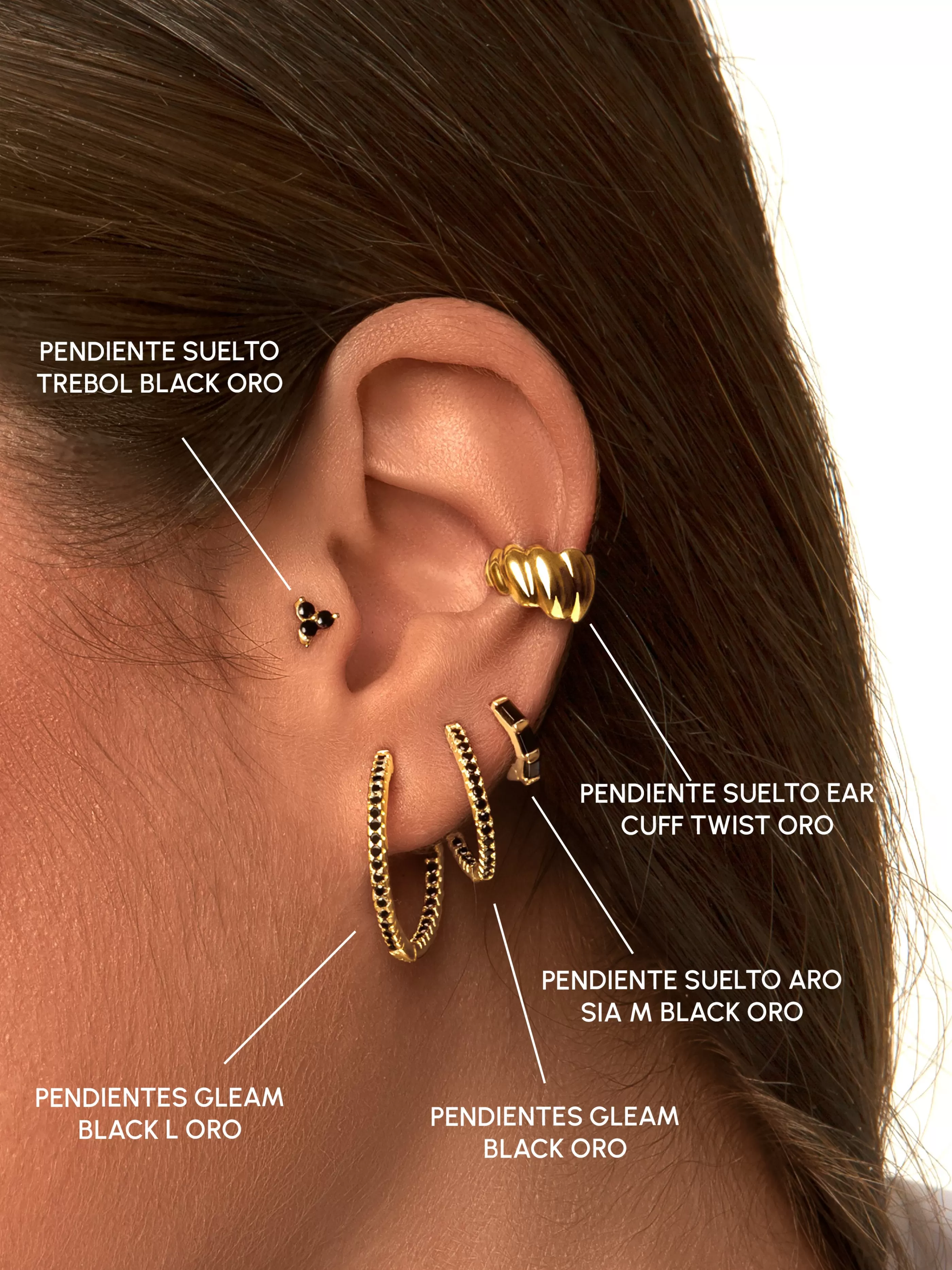 SINGULARU Pendiente Suelto Trebol Black Plata Bano Oro- Pendientes Sueltos