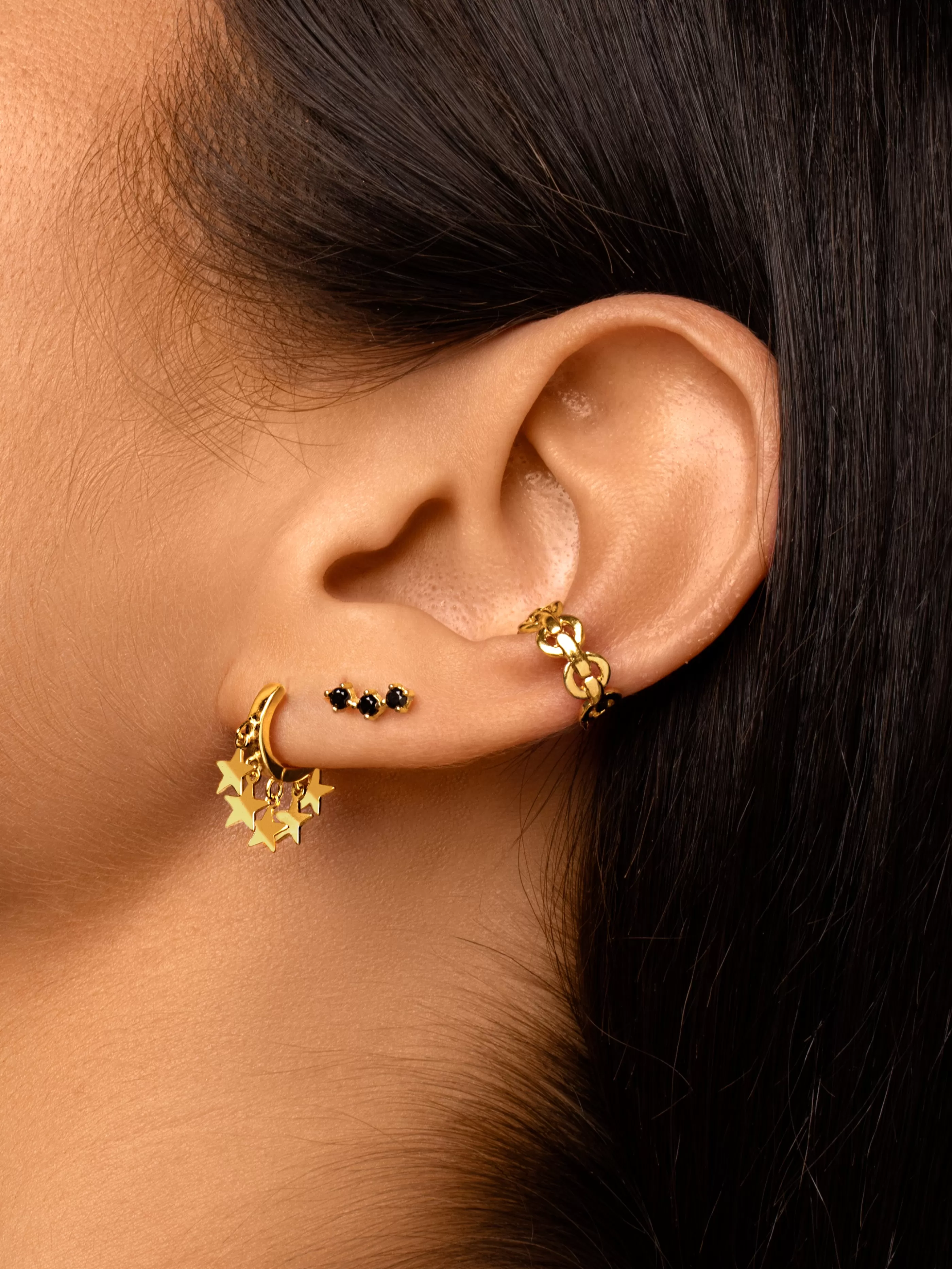 SINGULARU Pendiente Suelto Triple Spark Black Plata Bano Oro- Pendientes Sueltos