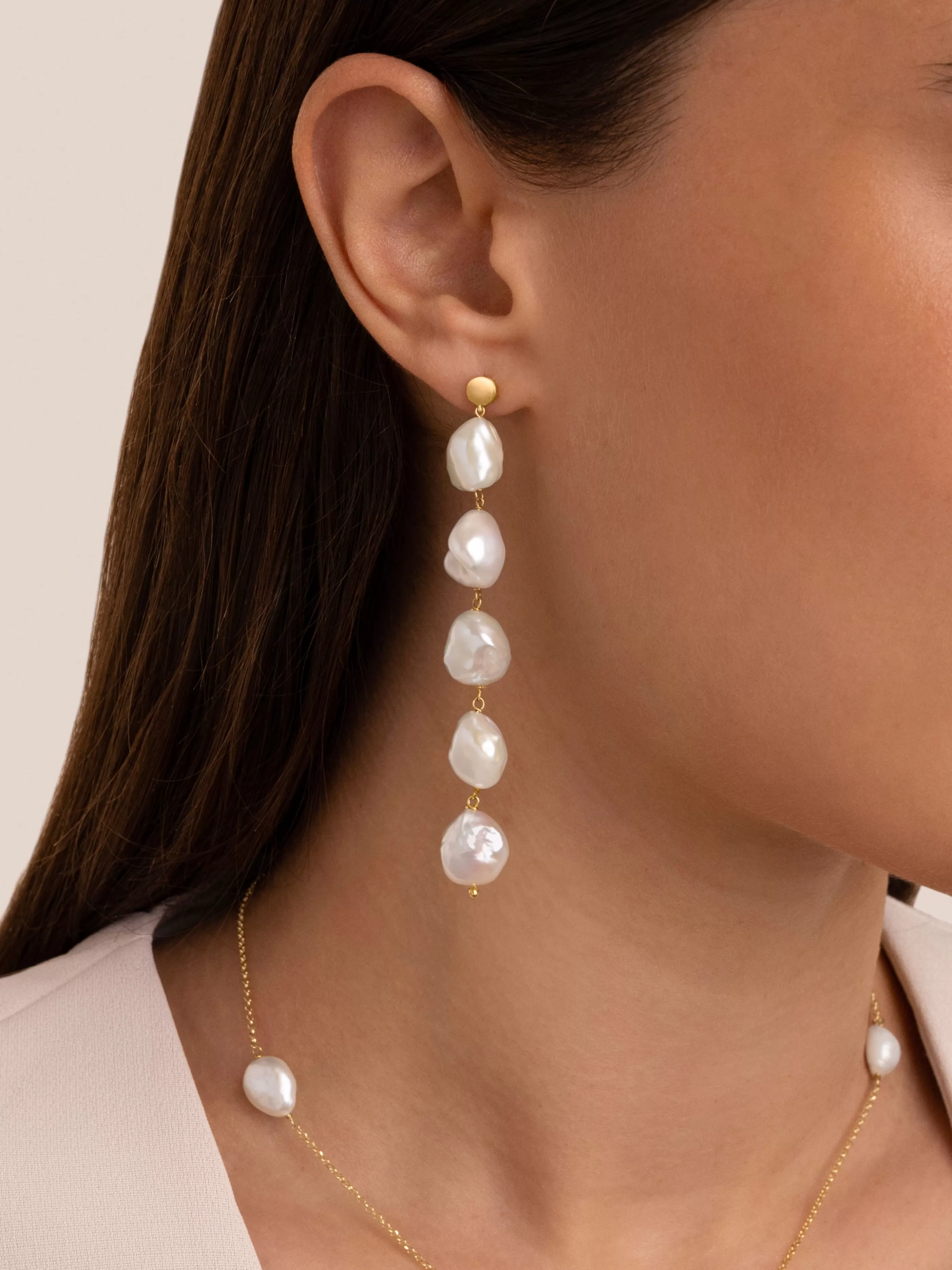 SINGULARU Pendientes 5 Bean Pearls Plata Bano Oro- Pendientes De Fiesta