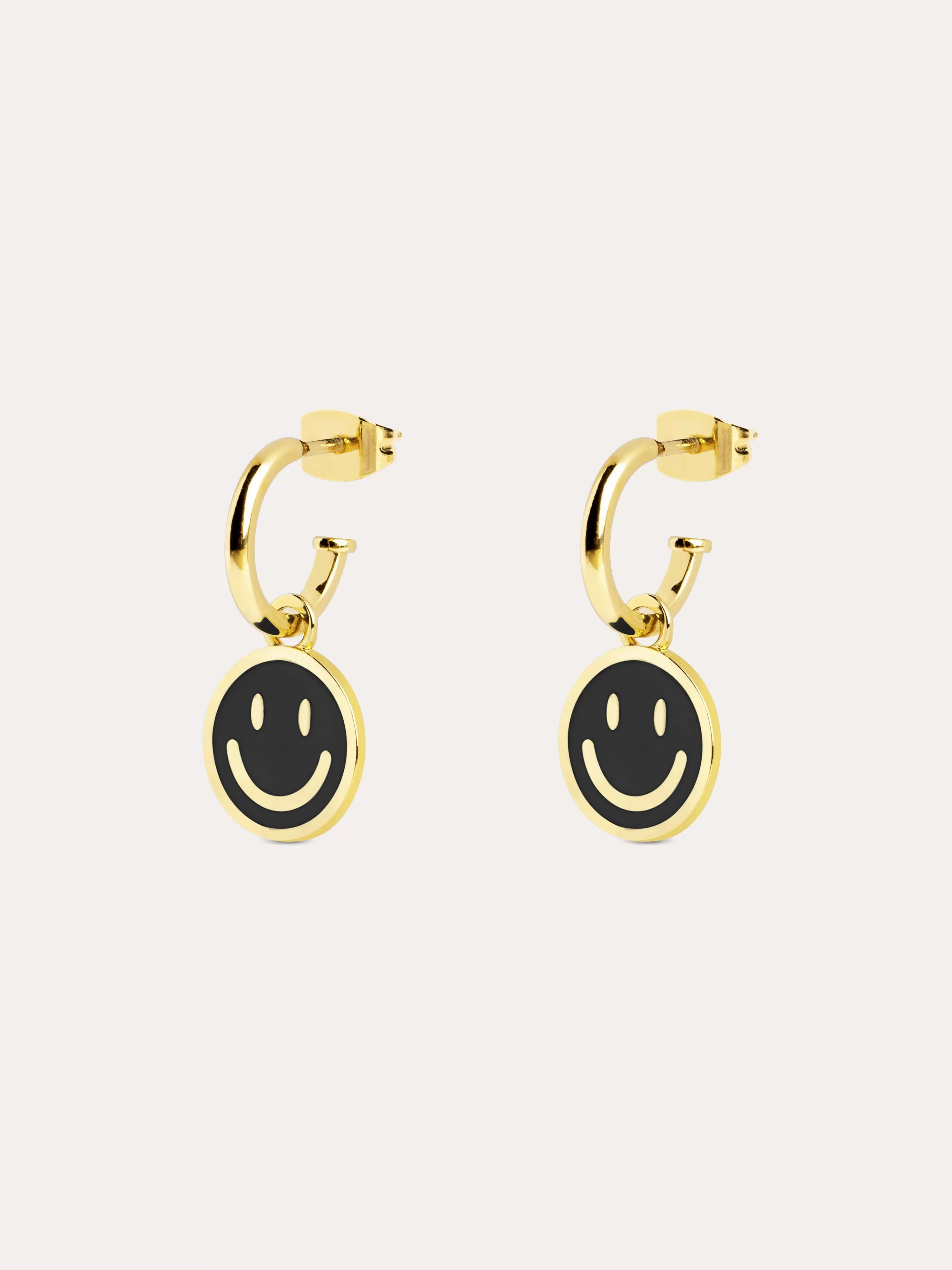 SINGULARU Pendientes Aro Smiley Black Enamel Bano Oro- Pendientes De Colores