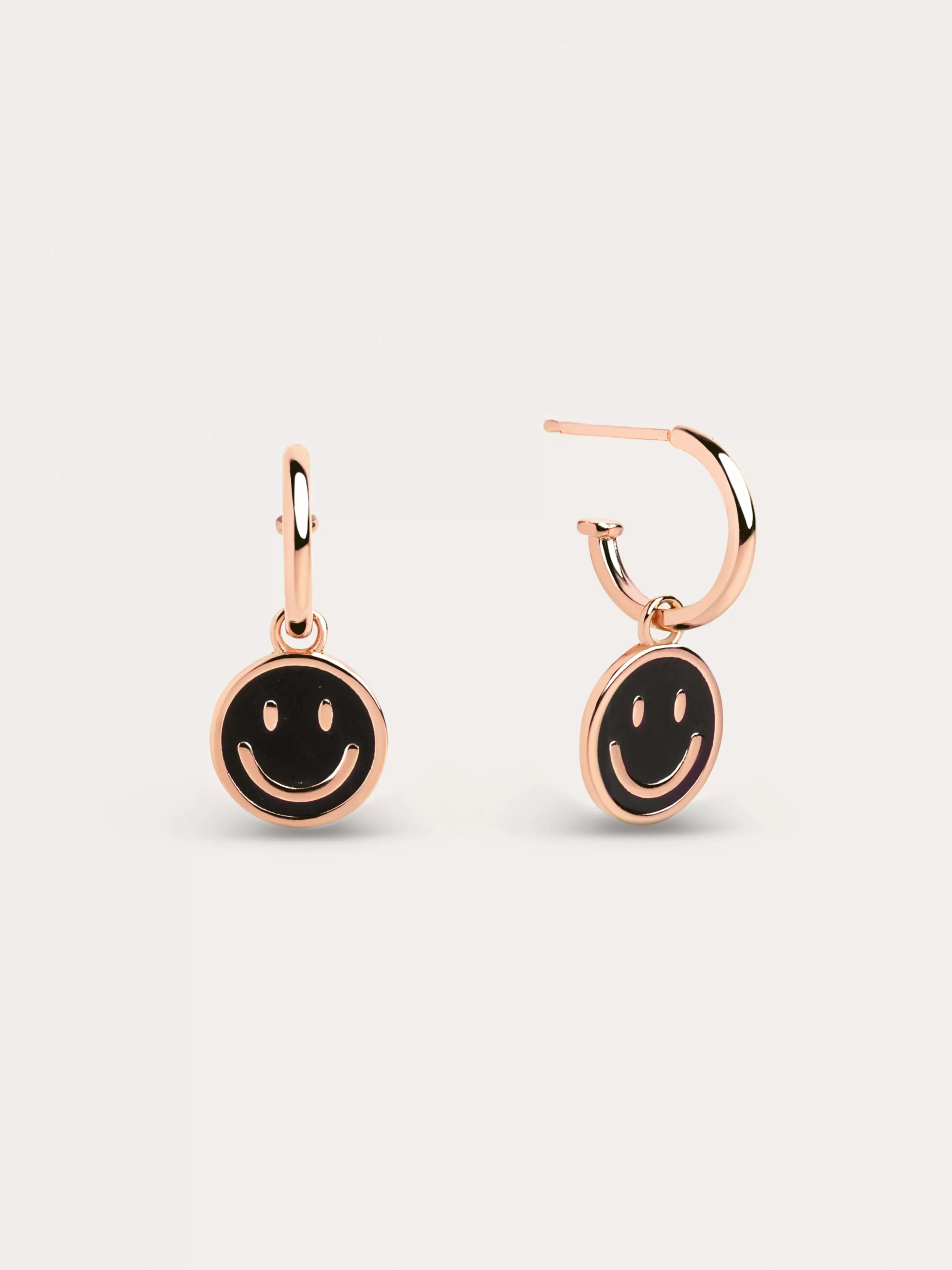 SINGULARU Pendientes Aro Smiley Black Enamel Bano Oro Rosa- Pendientes De Colores