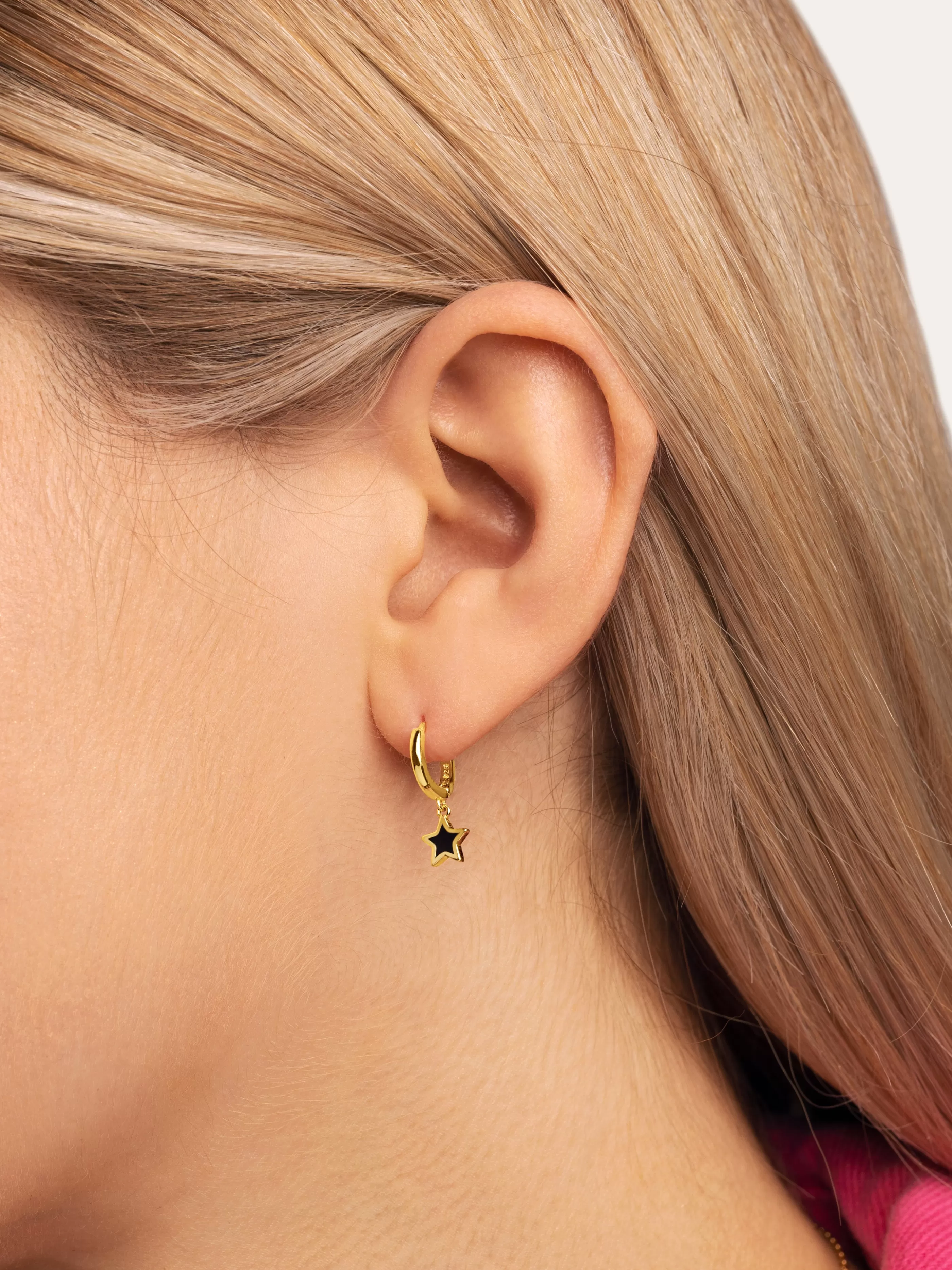 SINGULARU Pendientes Aro Star Black Enamel Plata Bano Oro- Pendientes De Colores